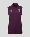 Maroon ECB Womens training gilet sleeveless with light blue Castore wings logo on left chest and England crest on right chest.