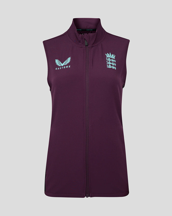 Maroon ECB Womens training gilet sleeveless with light blue Castore wings logo on left chest and England crest on right chest.