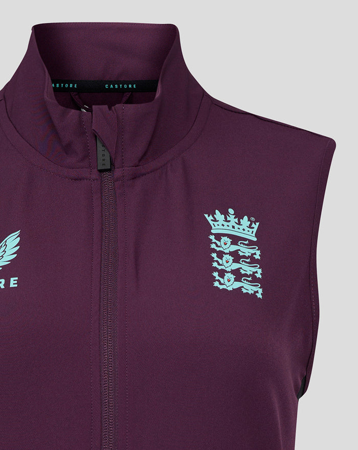 ECB Women’s 25/26 Training Gilet burgundy sleeveless vest with turquoise England crest on the left chest and front zipper