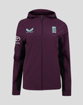 ECB Women's 25/26 Training Rain Jacket in purple with hood full zip and light blue crest on the chest and black side panels