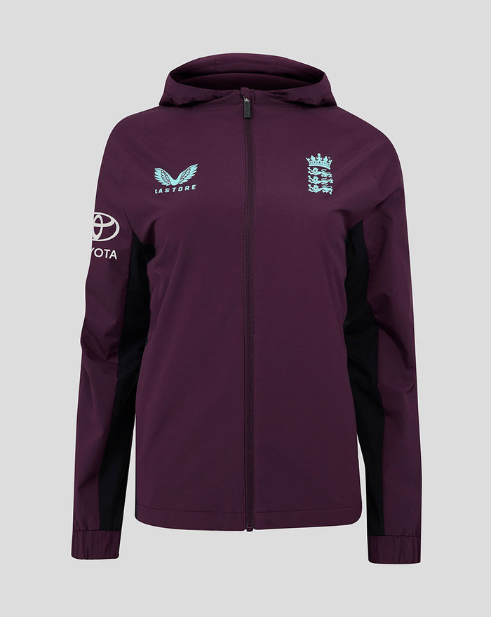 ECB Women's 25/26 Training Rain Jacket in purple with hood full zip and light blue crest on the chest and black side panels
