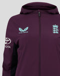 Front view of the ECB Women's 25/26 Training Rain Jacket with zip closure and hood in plum