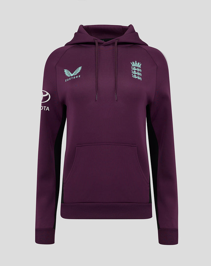 Front view of purple ECB training hoodie with Castore logo on the left chest and England crest on the right chest