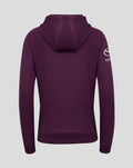 Back view of purple ECB training hoodie with hood up and Toyota logo on the left sleeve