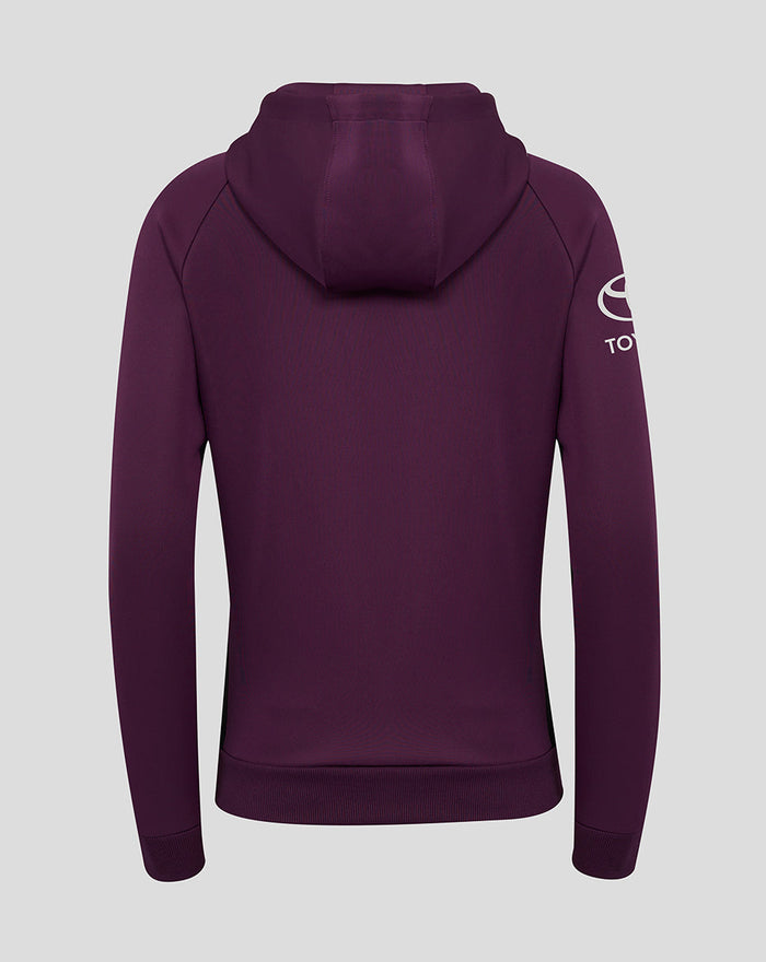 Back view of purple ECB training hoodie with hood up and Toyota logo on the left sleeve
