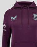 Purple ECB training hoodie chest view with Castore logo on the left and England crest on the right