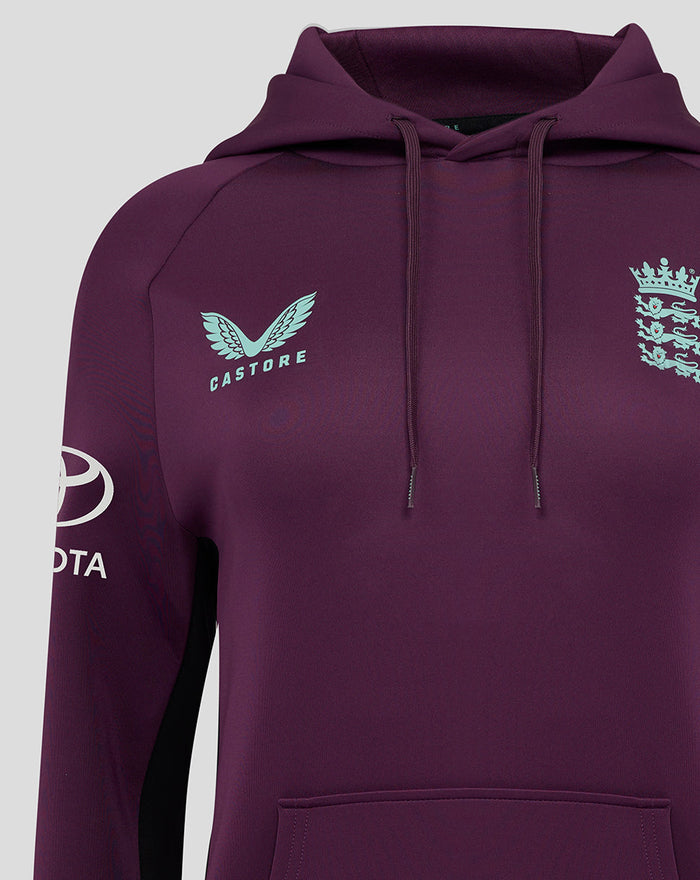 Purple ECB training hoodie chest view with Castore logo on the left and England crest on the right
