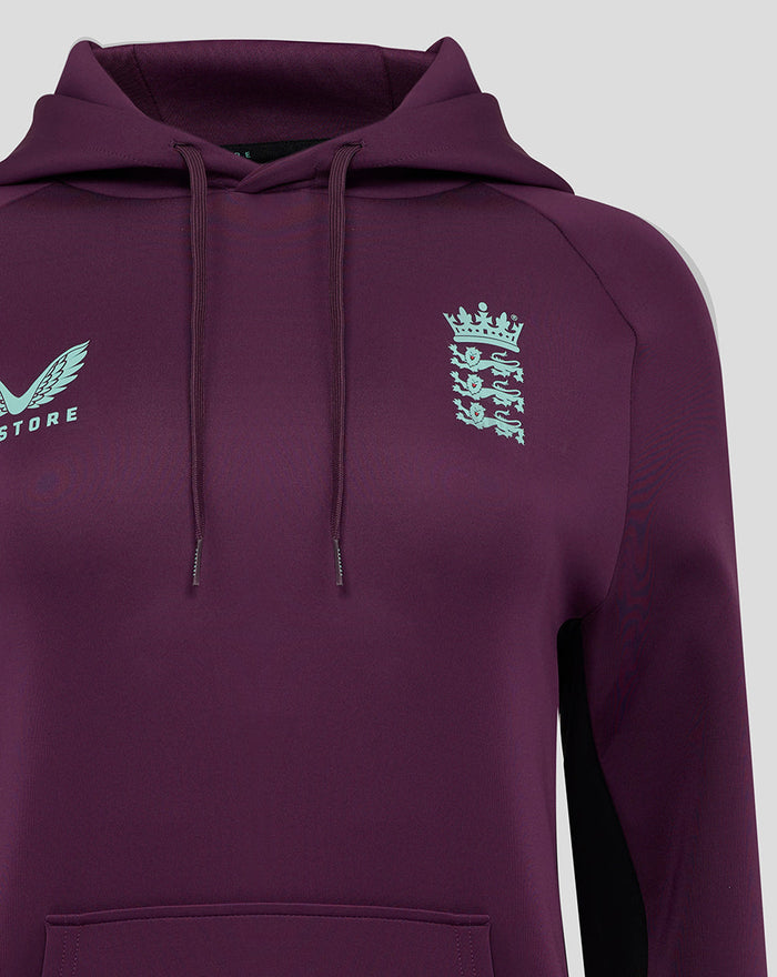Dark plum ECB training hoodie with pale blue England crest on the chest and Castore branding.