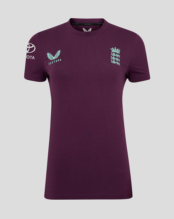 Dark purple ECB cotton training tee with pale blue England crest on the chest a Castore wing logo and a Toyota badge on the sleeve.