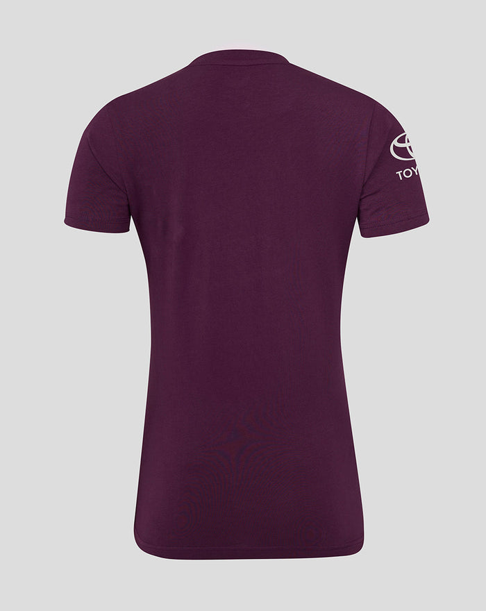 Back view of dark purple ECB cotton training tee showing a plain back with a Toyota badge on the sleeve.