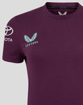 ECB women's training tee in burgundy with teal wing Castore logo on chest and Toyota sponsor on sleeve