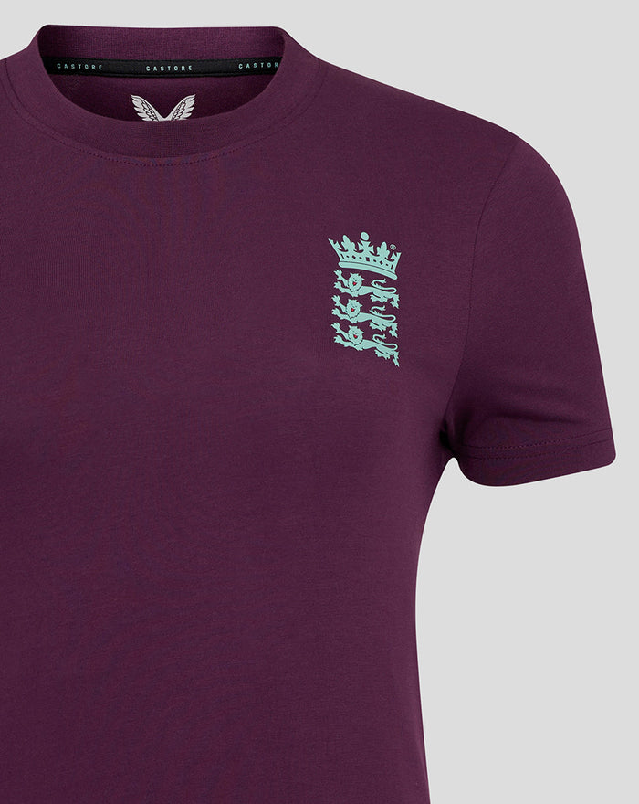ECB women's training tee in deep purple with pale teal England crest on the left chest