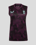 Front view of ECB Women's 25/26 Training Vest in deep purple with geometric pattern, Castore wing logo left chest and England crest right.
