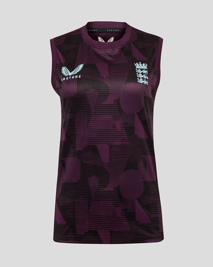 Front view of ECB Women's 25/26 Training Vest in deep purple with geometric pattern, Castore wing logo left chest and England crest right.