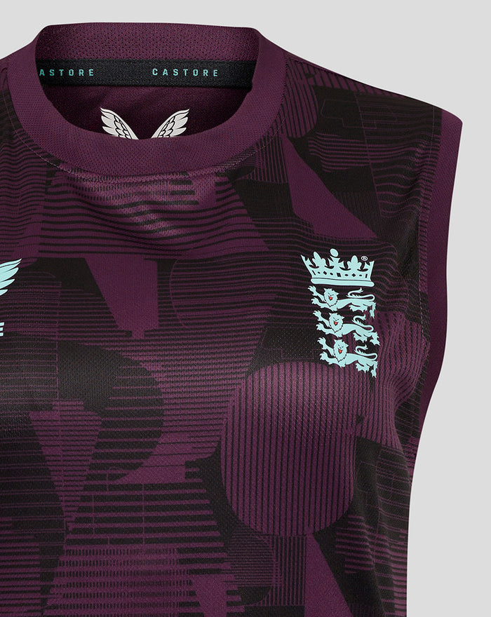 Close up of the vest neck and upper chest showing Castore branding on the collar and the England crest.
