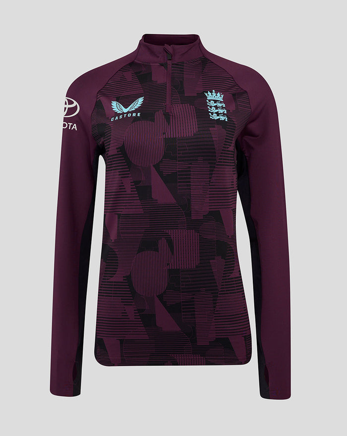 Maroon ECB women's 25/26 1/4 zip training top with geometric pattern, England crest, and Castore logo