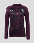 Full front view of ECB women's 25/26 training long sleeve tee in purple with abstract geometric pattern.