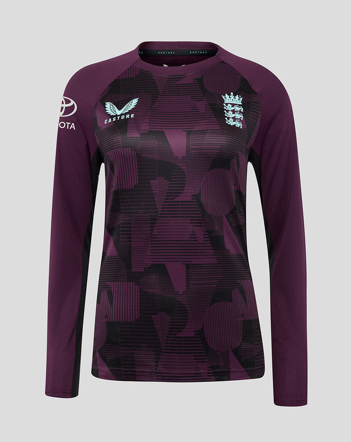 Full front view of ECB women's 25/26 training long sleeve tee in purple with abstract geometric pattern.