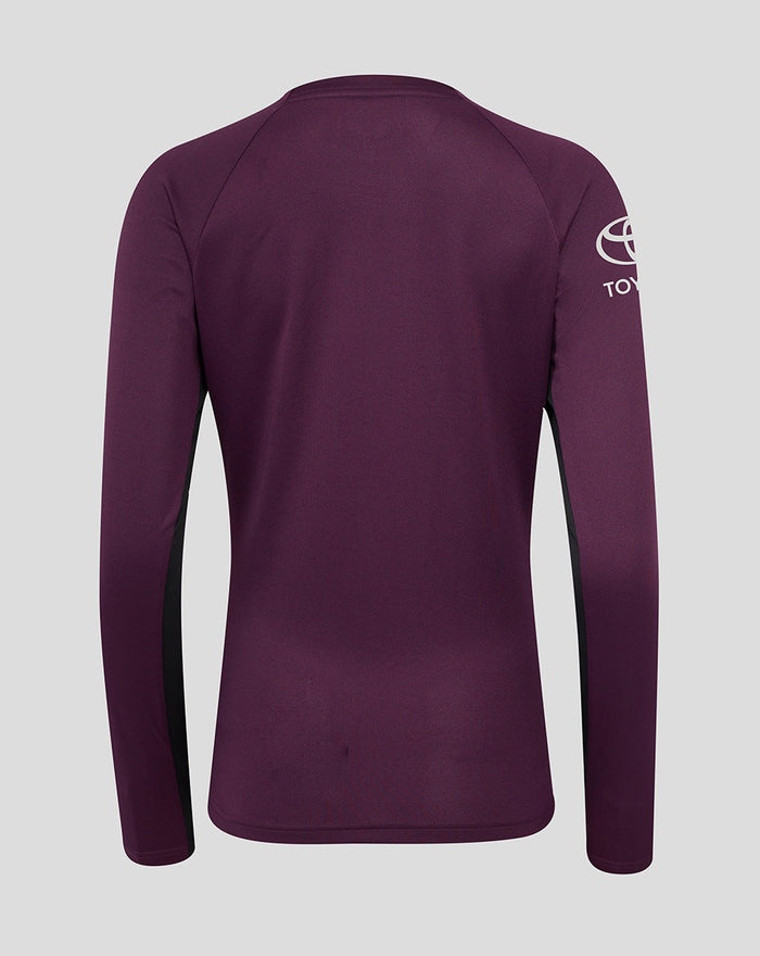 Back view of ECB Women's 25/26 Training Long Sleeve Tee in deep plum with black side panels