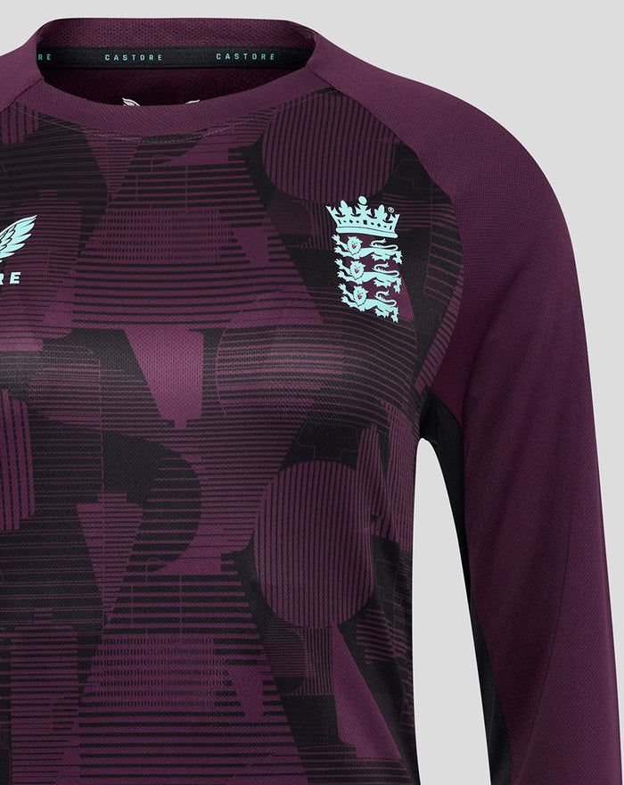 Front upper body close up featuring England crest on ECB Women's 25/26 Training Long Sleeve Tee with purple graphic motif
