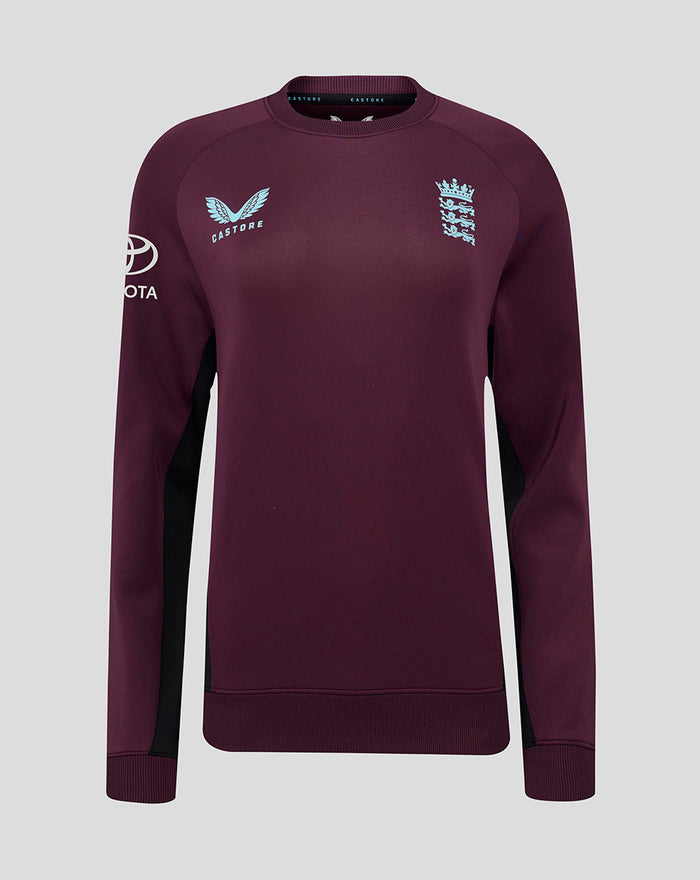 Front view of burgundy ECB women's training sweatshirt with England crest and Castore branding.
