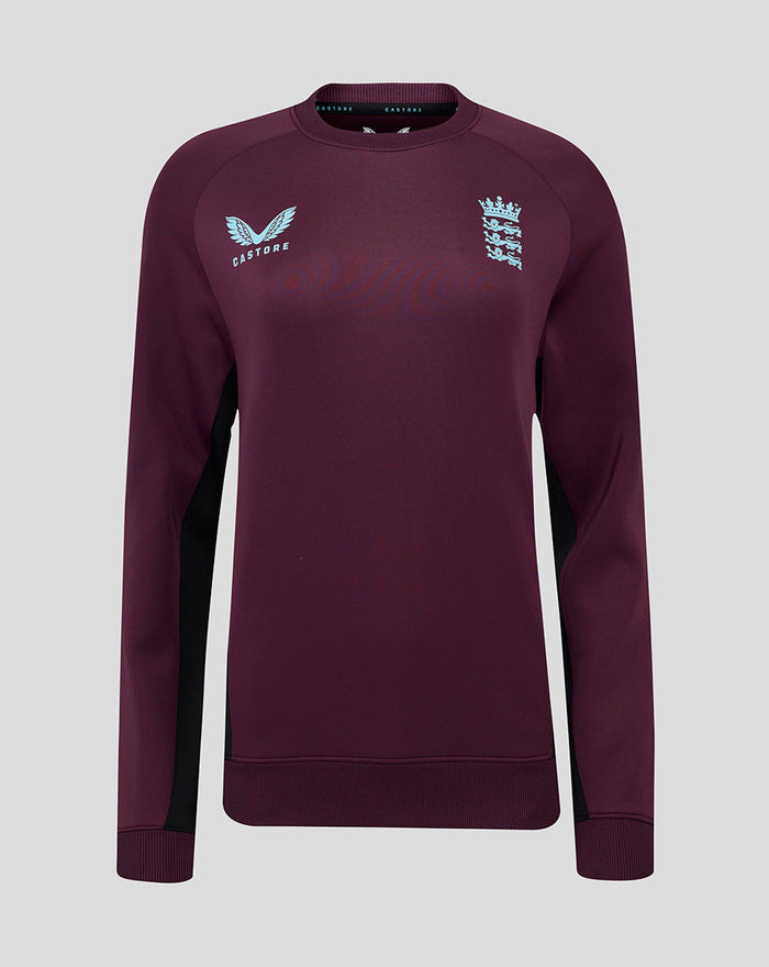 Front view of ECB training sweatshirt in blackberry wine with black side panels and England crest