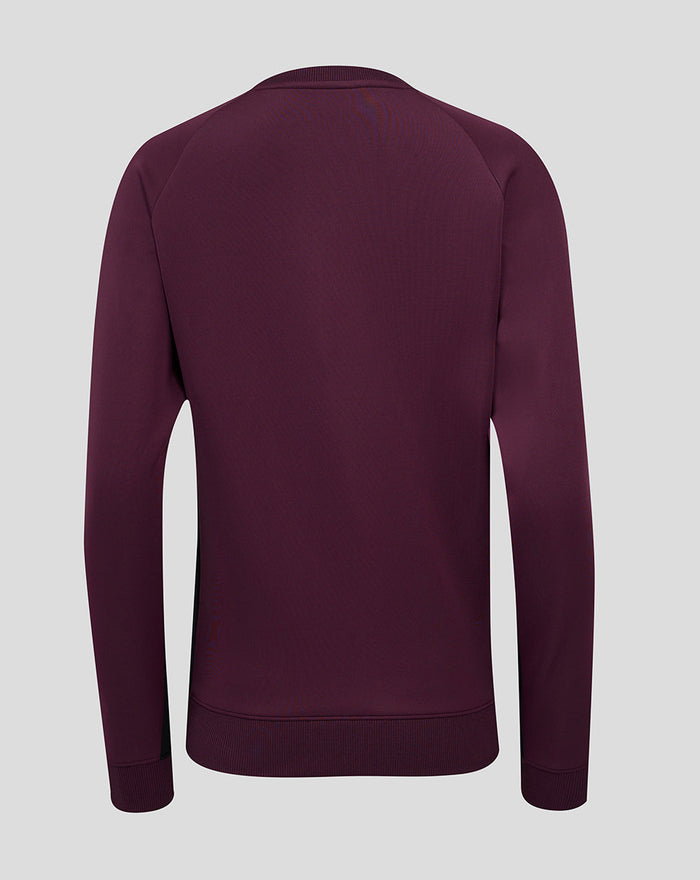 Back view of ECB training sweatshirt in blackberry wine showing ribbed hem and cuffs