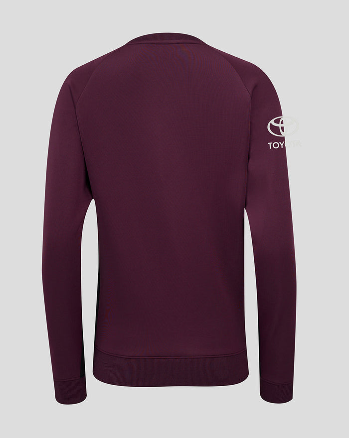 Back view of burgundy ECB women's training sweatshirt with sleeve logo visible.