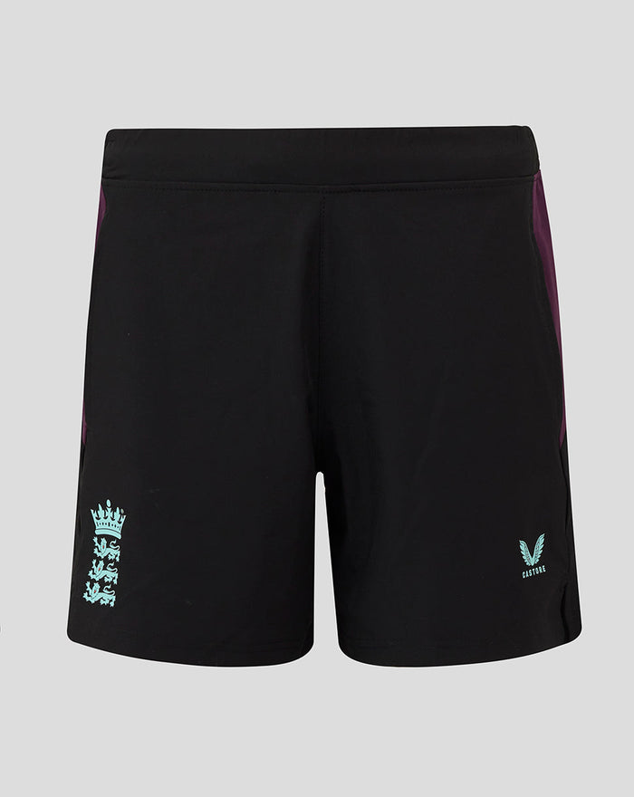 ECB Women's 25/26 training shorts black with purple side panels and light blue crest on left leg and Castore emblem on right