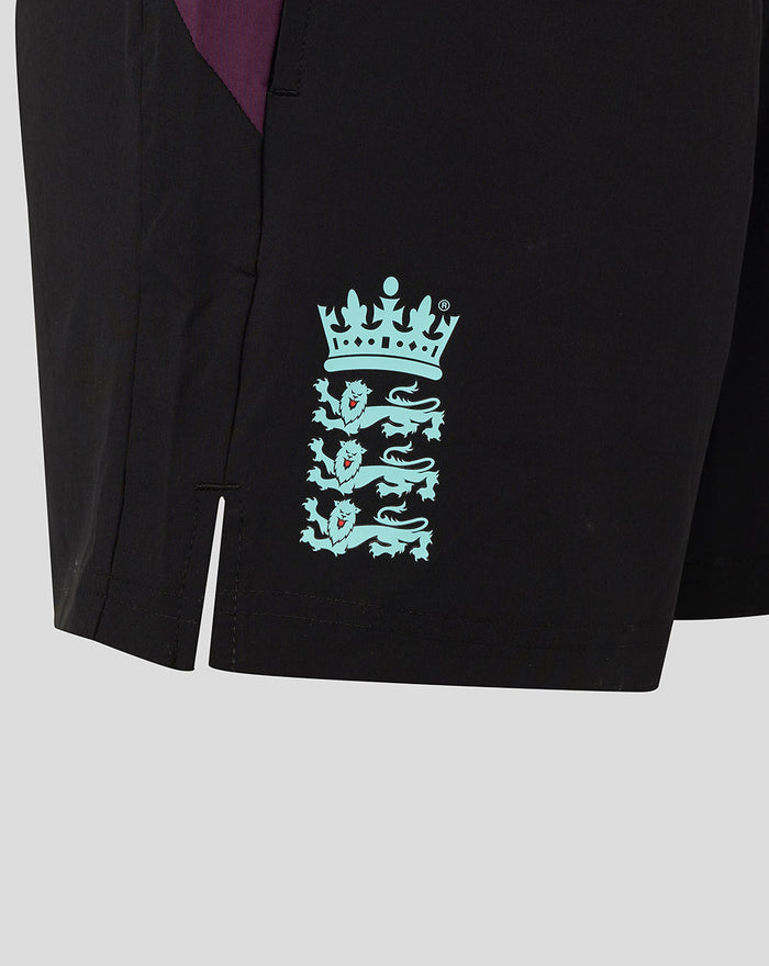 ECB Women's 25/26 Training Short in black with a mint crest of three lions near the hem and a side vent