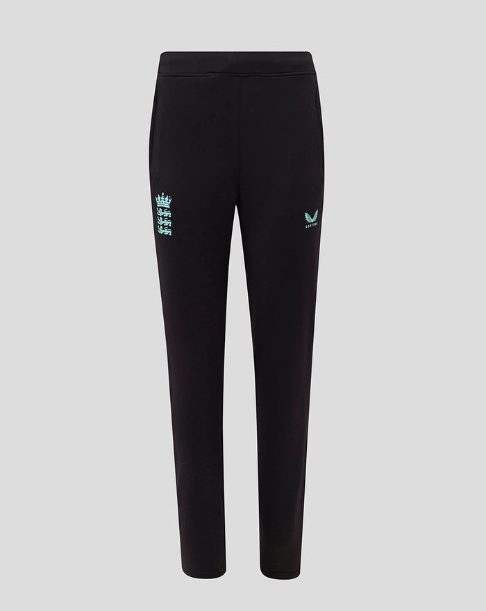 Black ECB Women's 25/26 training pants with light blue England three lions crest on the left leg and Castore logo on the right.