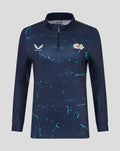 Navy long sleeve performance 1/4 zip top with turquoise splatters and a white floral logo on the chest.