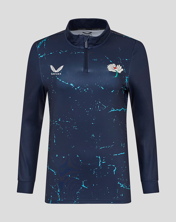 Navy long sleeve performance 1/4 zip top with turquoise splatters and a white floral logo on the chest.