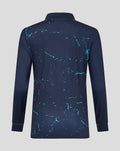 Back view of navy Yorkshire graphic 1/4 zip top with turquoise splatter pattern across the fabric.