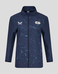 Navy Yorkshire Graphic Track Jacket full front view with teal splatter print and chest logos Castore and floral emblem