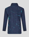 Back view of women's navy Yorkshire Graphic Track Jacket with turquoise paint splatter.