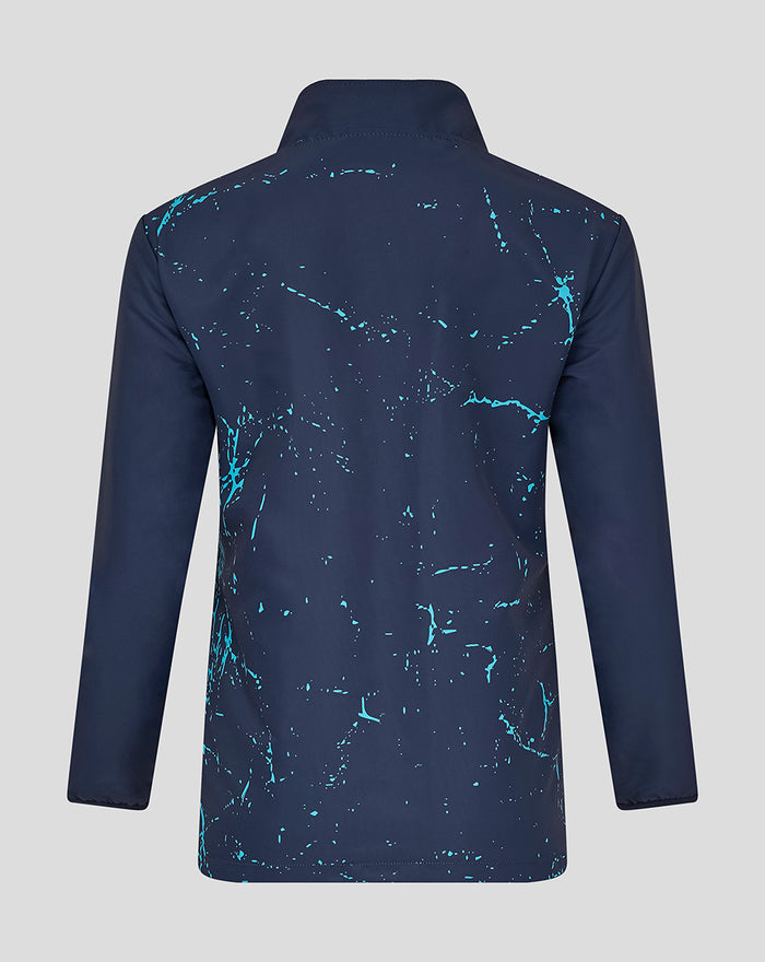 Back view of women's navy Yorkshire Graphic Track Jacket with turquoise paint splatter.