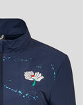 Front left chest of navy Yorkshire Graphic Track Jacket featuring white Castore wing logo and turquoise splatter detailing.