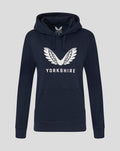 Navy Womens Yorkshire large Castore logo hoodie front view with white wing logo and pocket