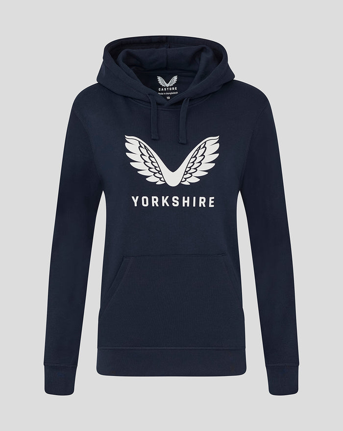 Navy Womens Yorkshire large Castore logo hoodie front view with white wing logo and pocket