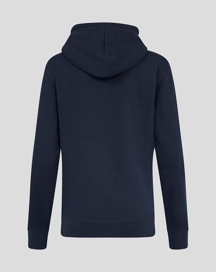 Back view of navy Yorkshire hoodie with hood