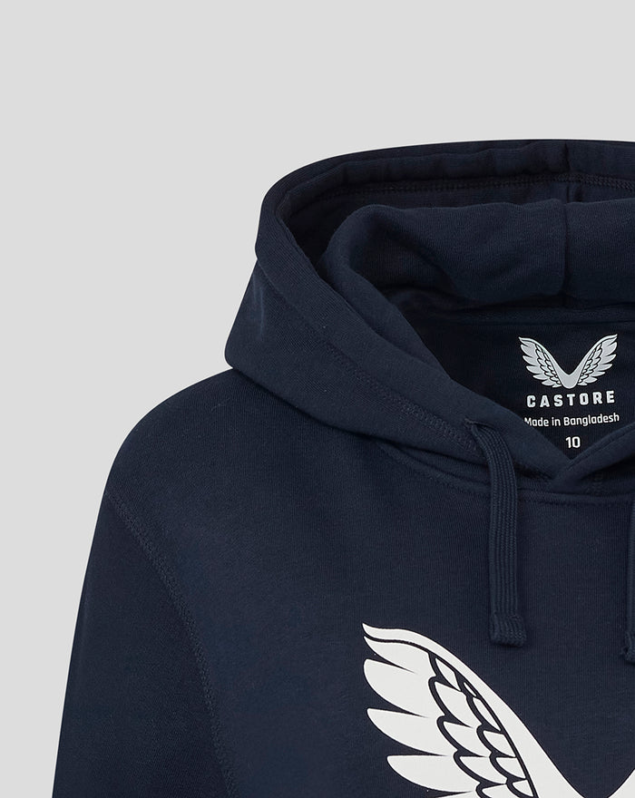 Navy women's Yorkshire hoodie with large white wing logo on the chest and a drawstring hood
