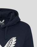Close up of navy Yorkshire hoodie showing the white wing logo on the chest and the attached drawstring hood