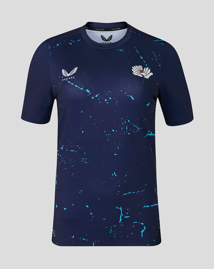 Navy women's short sleeve performance tee with White Rose crest and Castore wings on chest and blue splatter pattern