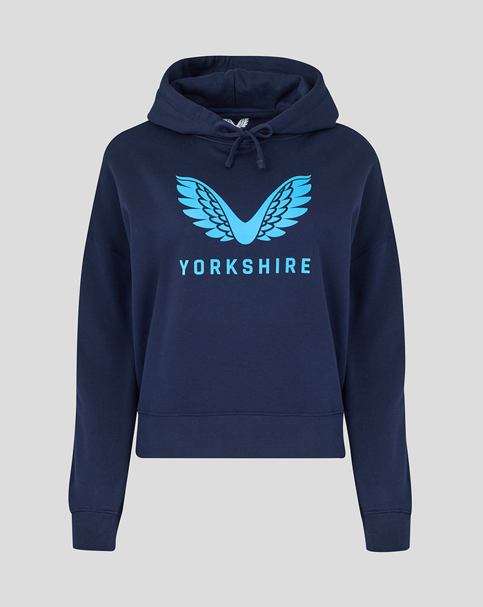 Navy hoodie with bold light blue wing logo and Yorkshire branding across the chest
