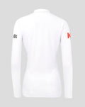 Back view of white womens England cricket Test Pro long sleeve shirt with logos on the sleeves.