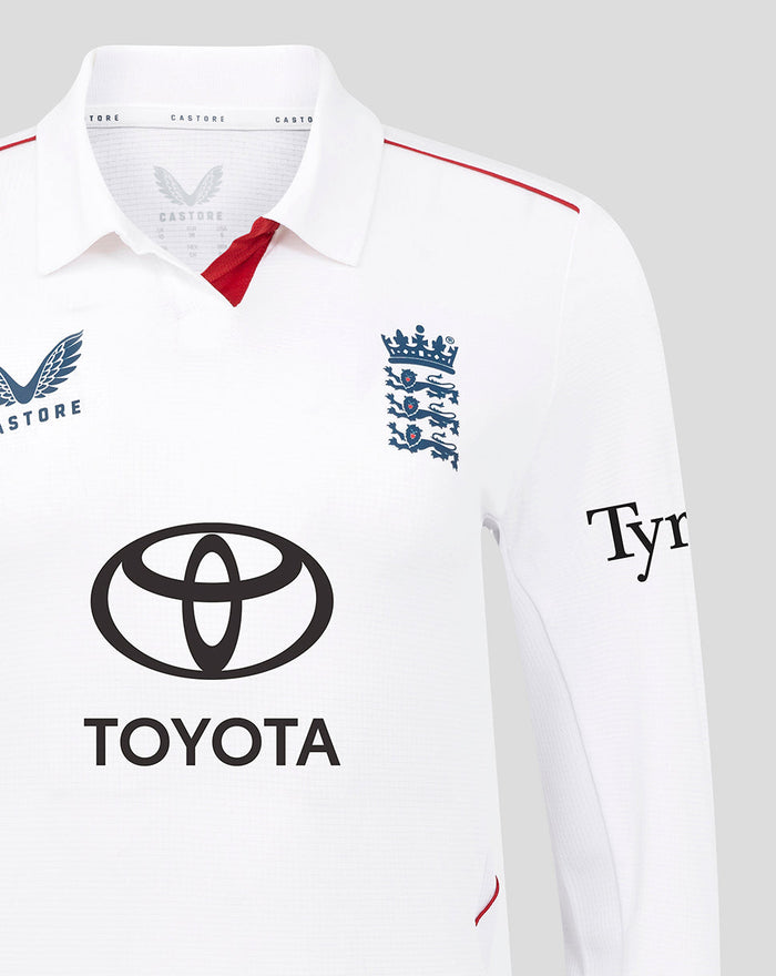 Close up of the upper chest on the white England cricket Test Pro shirt with crest and Toyota logo.