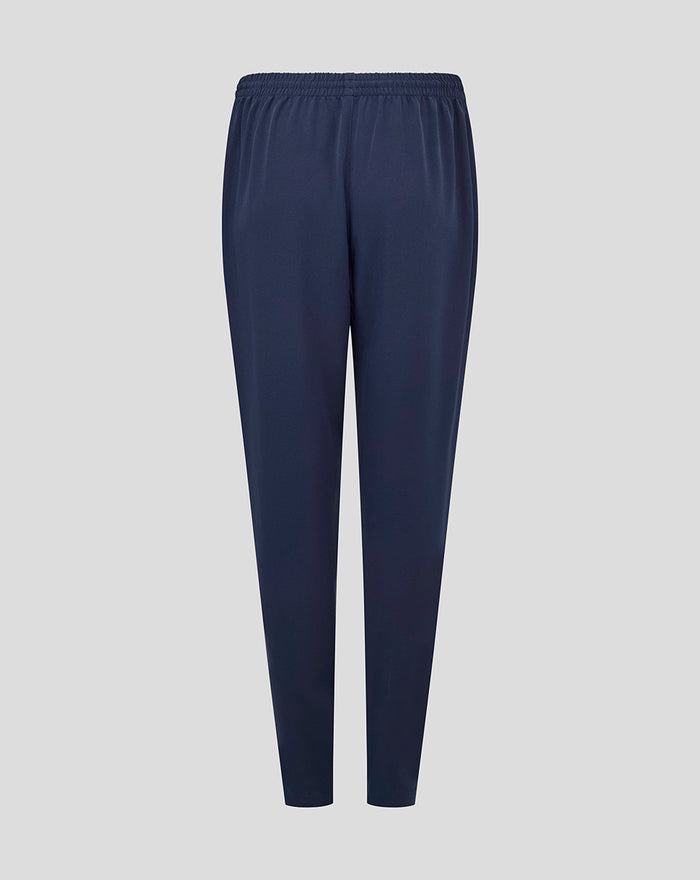 Back view of navy Yorkshire track pants with an elastic waistband
