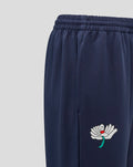 Navy Yorkshire track pants close up of waistband with white flower emblem on the leg