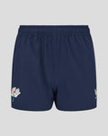Navy woven training shorts with zip pockets and a white flower motif on the left leg